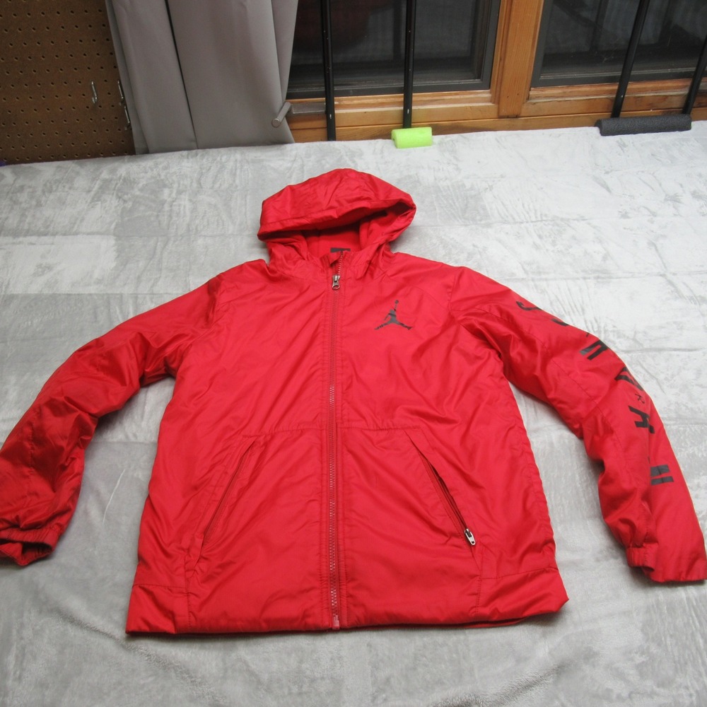Nike Air Jordan Jacket Youth Large 12-13 Yrs Red Sleeve Logo Graphic Hooded Wind
